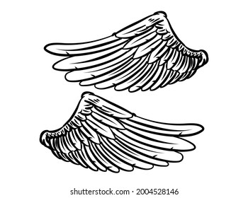 Illustration of wings for logo and branding element. feather set hand drawn cartoon tattoo clip art