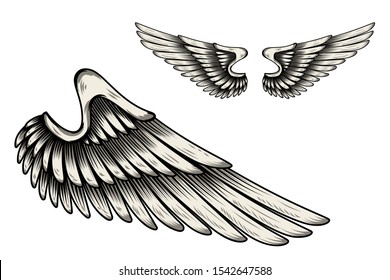 illustration of wings in tattoo style isolated on white background. Design element for logo, label, badge, sign. Vector illustration