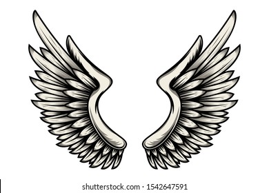 illustration of wings in tattoo style isolated on white background. Design element for logo, label, badge, sign. Vector illustration