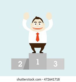 Illustration of winner businessman is standing on a podium. Vector illustration flat style.