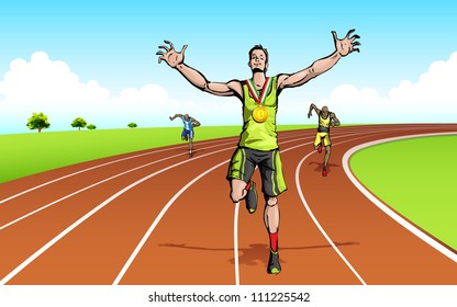 illustration of winner celebrating victory on racing track