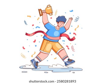 Illustration of a winner crossing the finish line with a trophy held high in one hand, symbolizing achievement and victory.
Perfect for web, landing page, presentation, animation, etc.