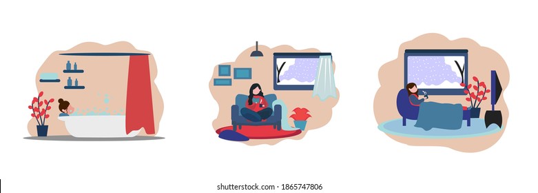 illustration of winter activities when staying home, reading books, soaking, watching tv, at home, winter seasons.