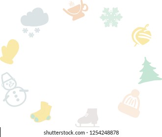 Illustration of winter attributes (snowfall, snowflake, cup of tea, ball of thread, Christmas tree, hat, skates, warm socks, snowman, mitten) in the form of an oval template