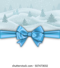 Illustration Winter Background with Blue Bow Ribbon, Nature Landscape with Fir Tree - Vector