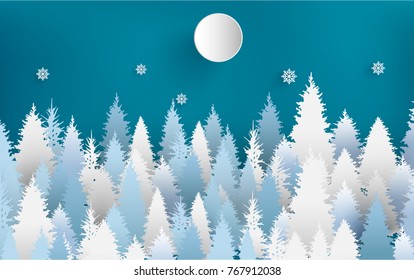 
illustration of winter background. pine trees in the winter with the design of paper art and crafts.