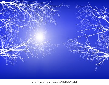 illustration with winter bare trees branches on blue background