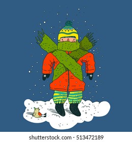 Illustration Winter boy stand on snow