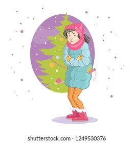 Illustration with winter characters on nature background. Frozen girl in the new year. People in the winter outside. 