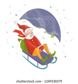 Illustration with winter characters on nature background. Santa Claus in the winter outside.
