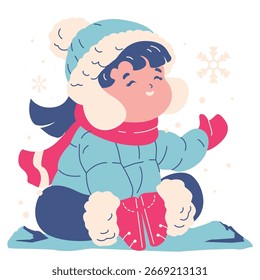 Ilustración de una actividad infantil de invierno sentado jugando copos de nieve