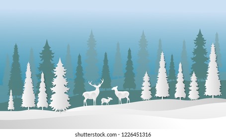 illustration of winter, and chrismas with deer and pine trees, paper art
