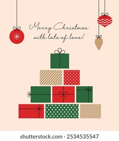 An illustration with a winter Christmas concept, featuring gift boxes, ornaments, and cursive typography that reads 'Merry Christmas with lots of love!' Gift boxes of various patterns are stacked.