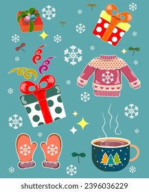 illustration winter christmas day happy festival Beautiful gift boxes, toys, decorations, snowflakes, drinks, sweaters, cute gloves.