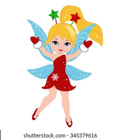 Illustration of a winter Christmas  fairy in flight Isolated on white background.