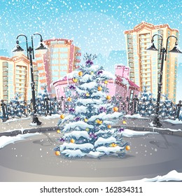 Illustration of winter with a Christmas tree