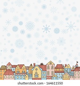 Illustration with winter city, falling snowflakes and place for your text, vector
