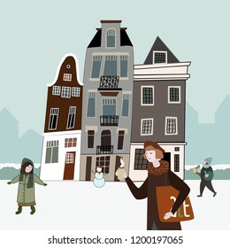 Illustration with winter cityscape and people