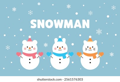 An illustration with a winter concept, showing snow, a snowman, and the words "snowman". Cute bear, rabbit and cat shaped snowmen are wearing hats and gloves. 