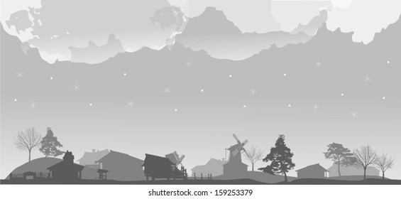 illustration with winter country landscape