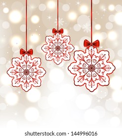 Illustration winter decoration with snowflakes and bows - vector