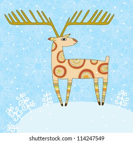 Illustration with winter deer. Vector.