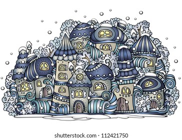 Illustration of winter fantasy vector fairytale drawing town