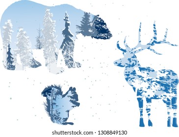 illustration with winter forest in animals outlines