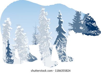 illustration with winter forest in bear outline