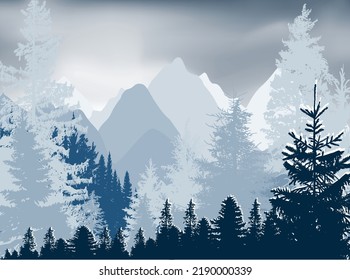 illustration with winter forest near mountains