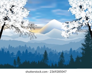 illustration with winter forest near mountains