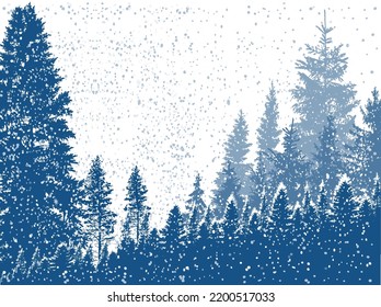 illustration with winter forest on white background