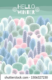 Illustration with winter forest. Vector template for card, poster, flyer, cover and other use. Trendy retro style.