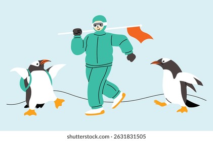 illustration of winter hiking group of man and penguin.