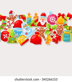 Illustration Winter Holiday Seamless Texture with Celebration Traditional Elements, Colorful Pattern - Vector