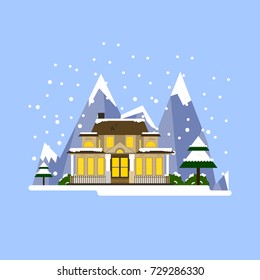 Illustration of winter house. Vector winter resort in flat style. 