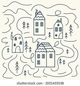 Illustration of winter houses. Beautiful linear houses among trees and roads. Cute tiny houses in winter open and poster. Vector illustration