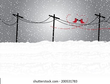 Illustration of winter land with lover birds