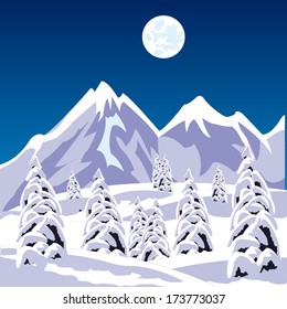 Illustration of the winter landscape amongst snow mountains