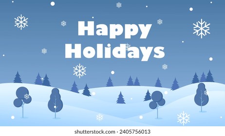 Illustration of a winter landscape background with snowflakes, hills, and trees, perfect for happy holiday cards and templates