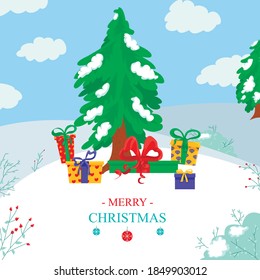illustration of a winter landscape with Christmas trees and gifts under them in the snow. merry christmas postcard. new year and christmas celebration vector concept