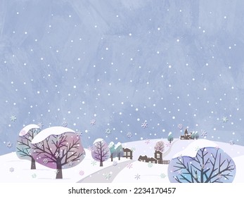 Illustration of a winter landscape with falling snow