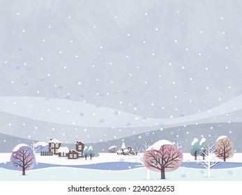 Illustration of a winter landscape with falling snow