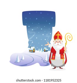 Illustration winter landscape in form of boot with cute Saint Nicholas