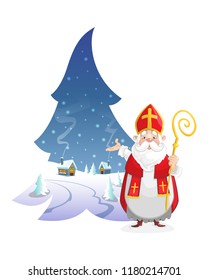 Illustration winter landscape in form of pine with cute Saint Nicholas