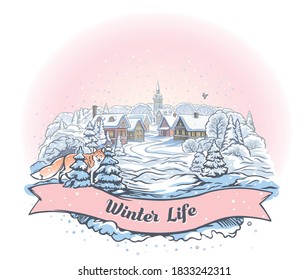 Illustration of a winter landscape, with a Fox and winter village, and ribbon in the form of a graphic element with for signature.