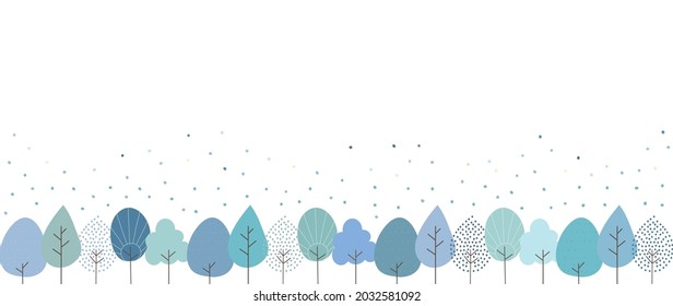 Illustration of a winter landscape with many different kinds of trees.