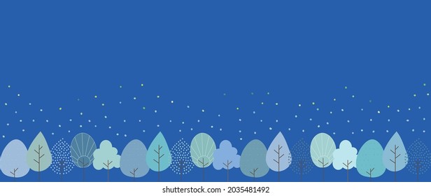 Illustration of a winter landscape with many different kinds of trees.(With blue background)