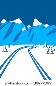 illustration of winter landscape with mountains in the background, cross-country ski run