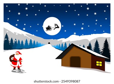 illustration of a winter landscape at night with a background of icy mountains, Christmas theme, complete with flying reindeer, houses, Christmas trees, Santa Claus.